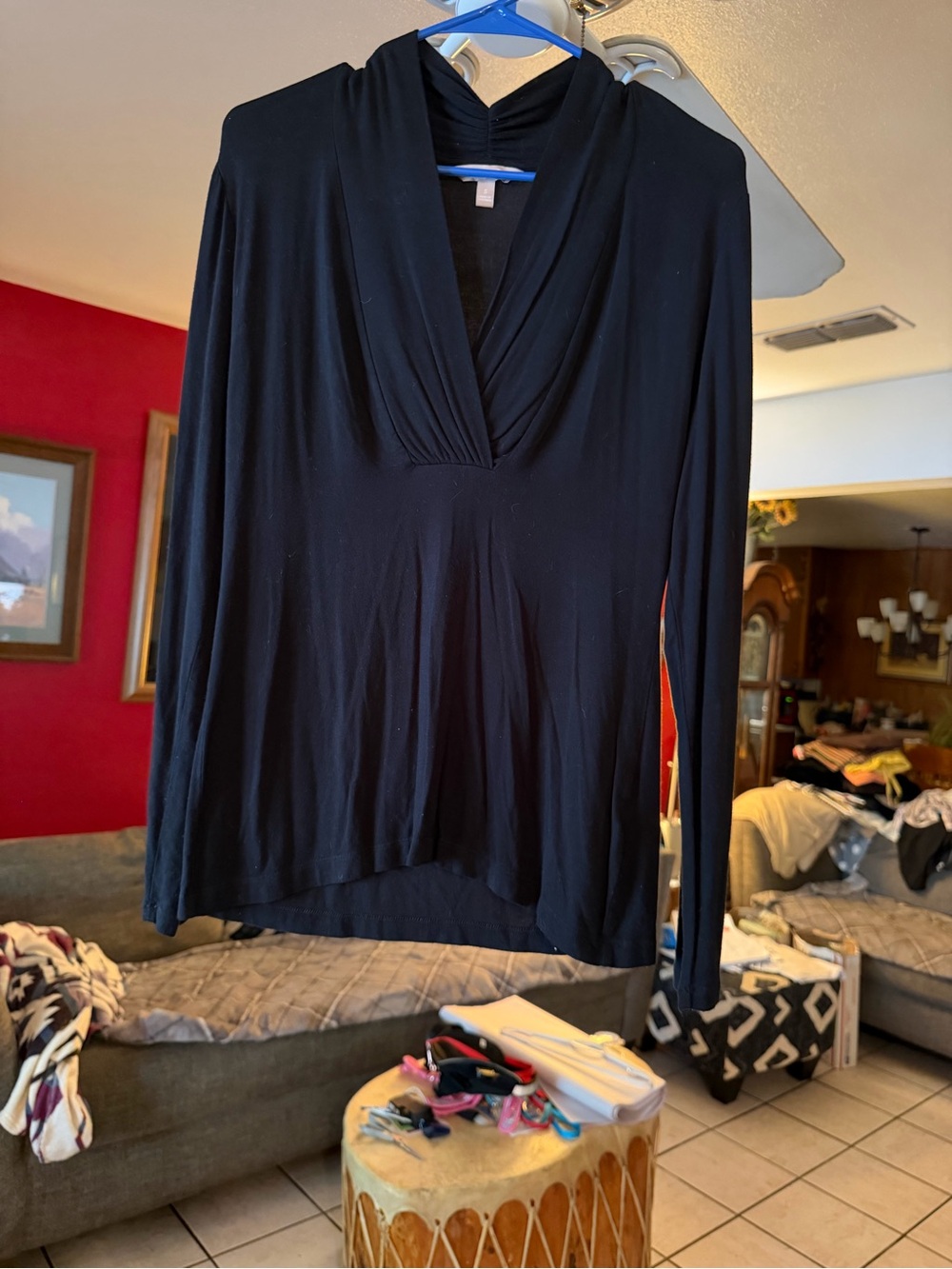 Banana Republic Black Long-Sleeve Draped V-Neck Top
